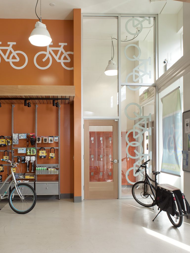 BART Berkeley Bike Station orange display wall