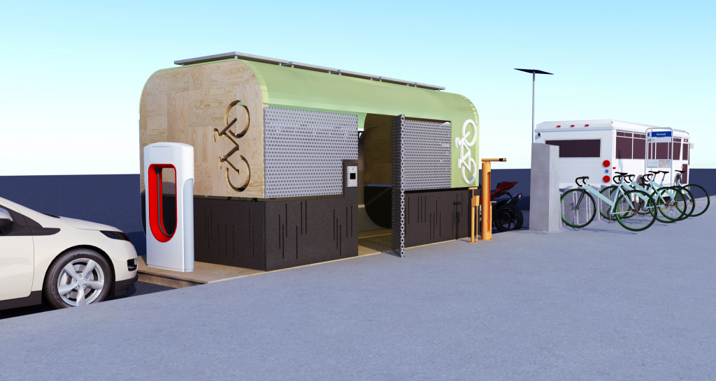 mobility bike station design for BikeHub with Dero FIXIT and Tesla Supercharger Station